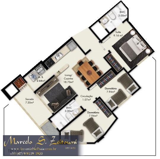 Apartamento com 2 Dormitórios à venda, 66 m² por R$ 365.400,00